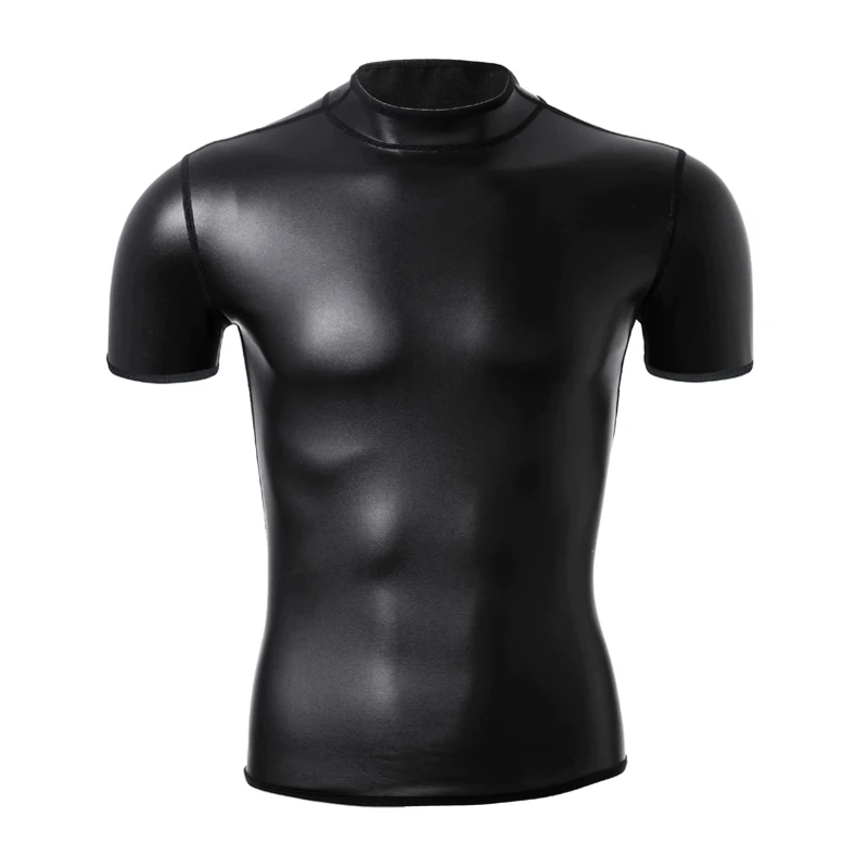 Men Sexy Leather Short Sleeve T-Shirt Slimming Underwear Body Shapers Waist Trainer Corsets Tummy Belly Shapewear Leather Shirts