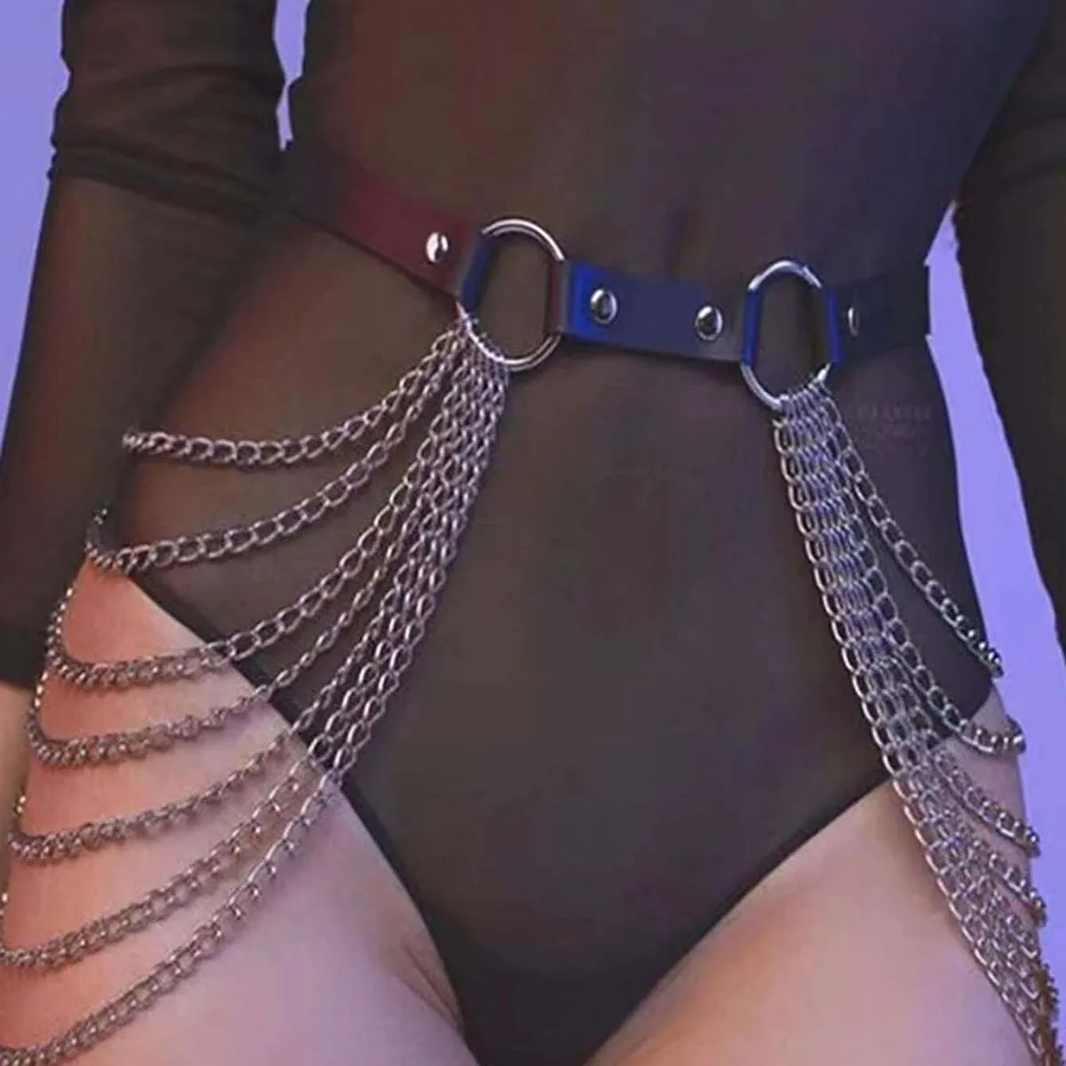 

Elegant Thigh Chain: Women's Leather Garter Belt with Silver Chains, Fashionable Waist Jewelry for Raves, Festivals