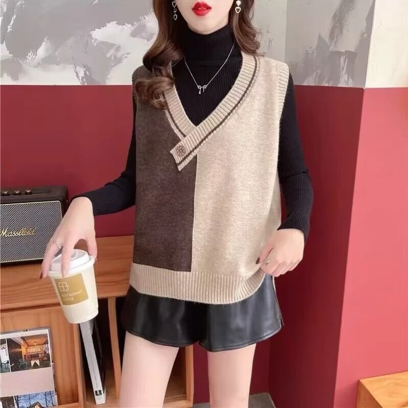 Luźna kamizelka bez rękawów z dekoltem w serek, dzianinowa, w bloki kolorystyczne, damska, nowa kolekcja wiosna-jesień 2025, koreański styl, modny, casualowy sweter.