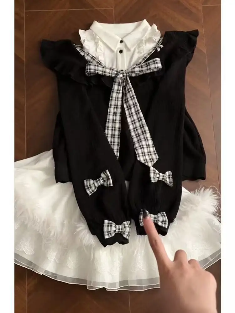 Sweet Vintage Plaid Bow 2 Piece Set Women Puff Sleeve Ruffle Trim Lace Feather Hem Crop Top Skirt Slim Fit Elegant Party Outfit