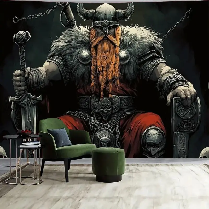 Nordic Viking Tapestry Odin Warrior Axe Raven Runes Wall Art Gothic Decor for Men's Bedroom Home Aesthetic