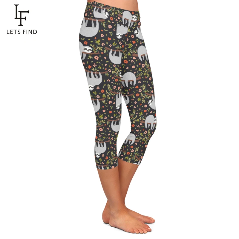 Letsfind Zomer Nieuwe Vrouwen Broek Grappige Luiaard En Bloemen Print Capri Leggings Hoge Taille Elastische Slanke Mid-Kalf Leggings