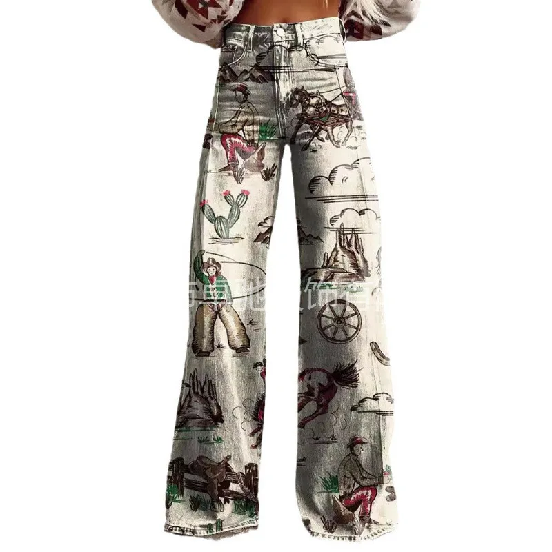 Celana Jeans Imitasi Tipis Kasual Fashion Wanita Ukuran Besar untuk Perdagangan Lintas Batas AliExpress Eropa Amerika, Model Kaki Lebar Panjang