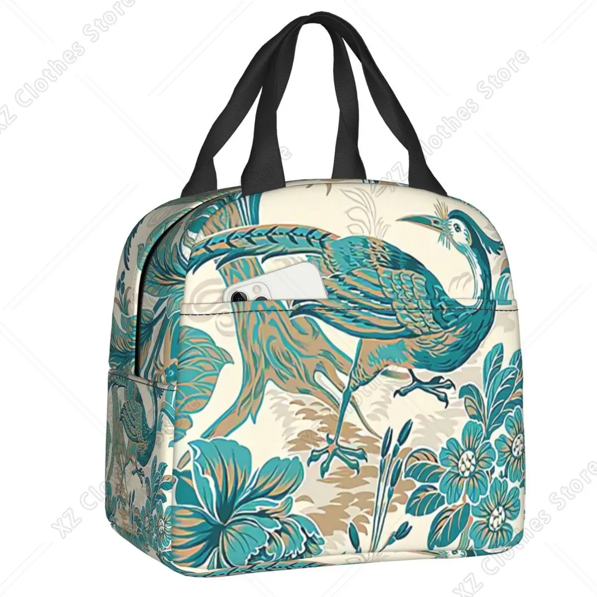 bolsas-termicas-personalizadas-com-estampa-toile-de-jouy-azul-pavao-para-almoco-portateis-para-escola-escritorio-cooler-termico-lancheira-para-mulheres-e-criancas