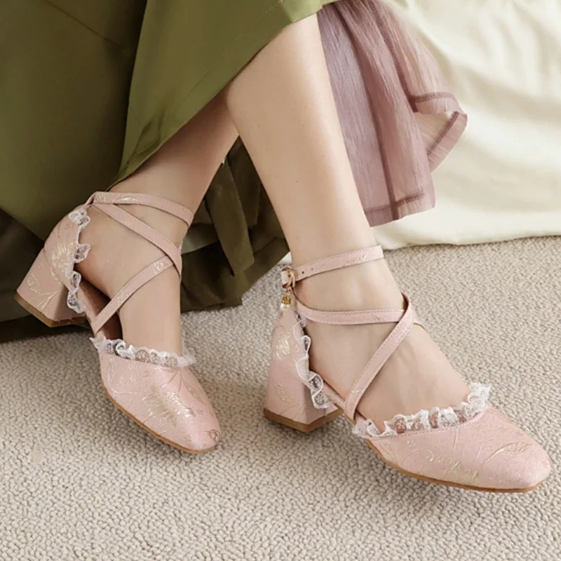 

Sweet Summer Lolitas Shoes For Women's Sandals 2025 New Pink Close toe Strap Low Heels Dance Footwear Shoes Girls Large Size 45