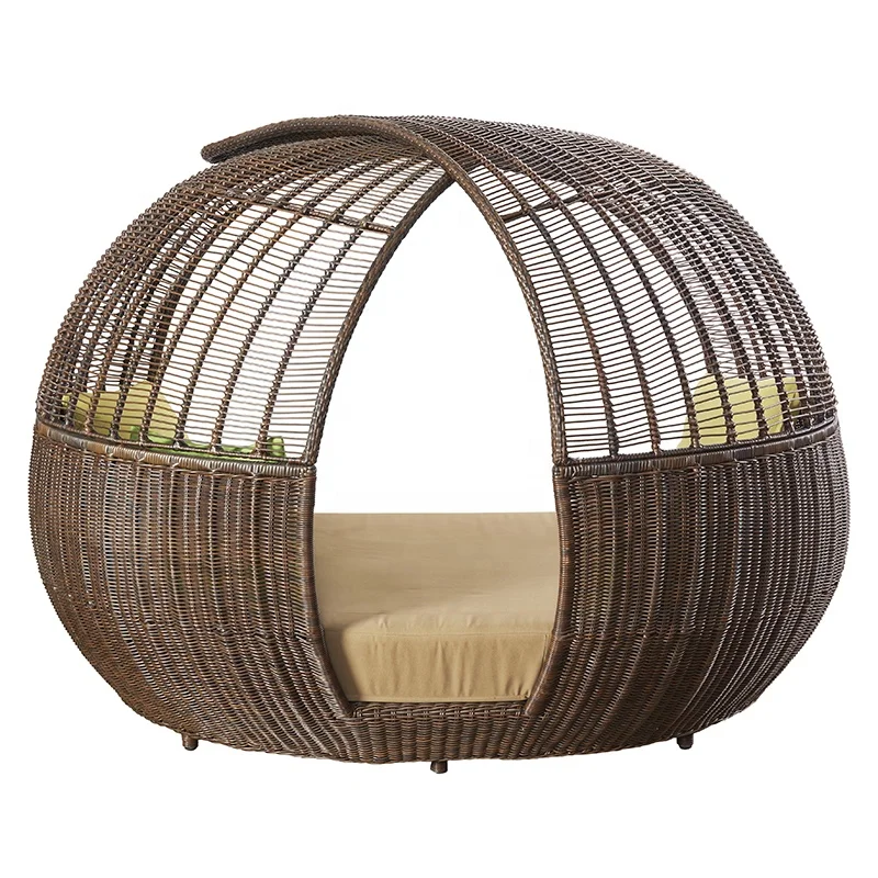 Luxury Brown Poolside Wicker  Sunbed Furniture Outdoor Beach Aluminum Rattan Round Chaise Lounge bed