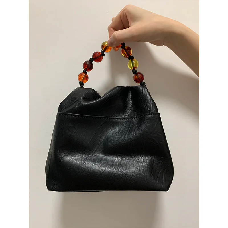 

New Chinese Beaded Hand-Held Small Bag Female 2024 One Shoulder Underarm Design Women Handbag Soft Leather Crossbody Beads Totes