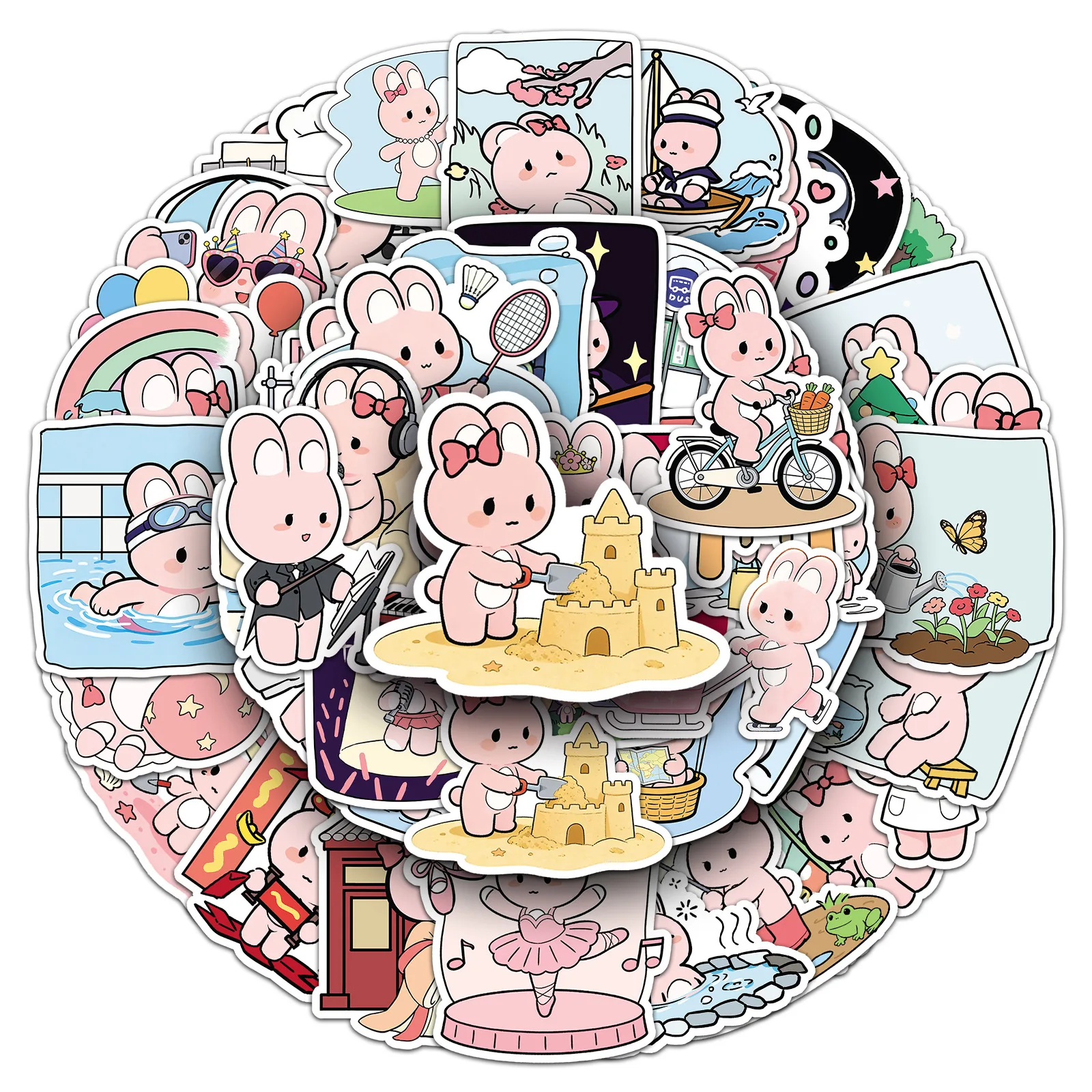 

10/51PCS Cartoon Cute Animal Pink Rabbit Daily Sticker Graffiti Waterproof Decal Toy Gift for Diary Book Desk Luggage Laptop