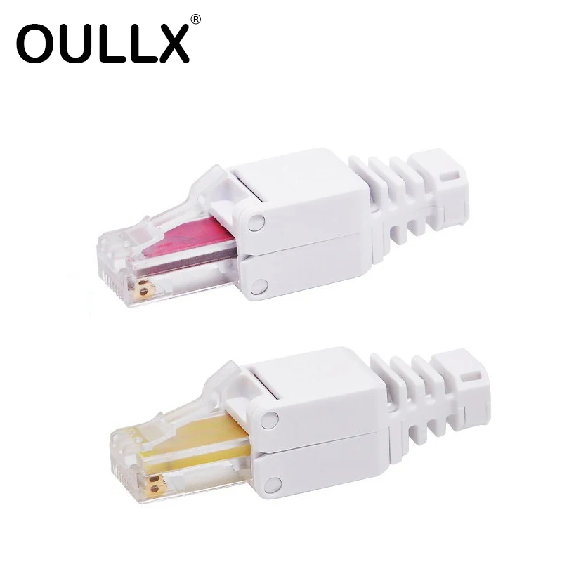 

OULLX 2pcs Cat5E Cat6 RJ45 Connector Modular Toolless Wire Pressing Unshielded Gold Plating Reusable Network Crystal Head