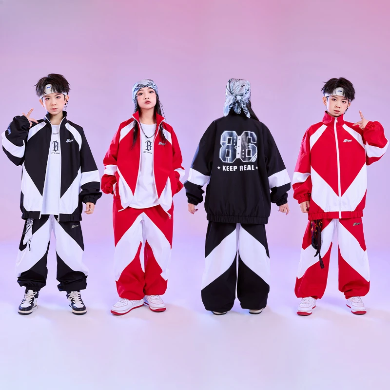 

Jazz Dance Wear Costumes Clothes Kid Hip Hop Clothing Red White Color Block Windbreaker Jacket Casual Jogger Pants for Girl Boy