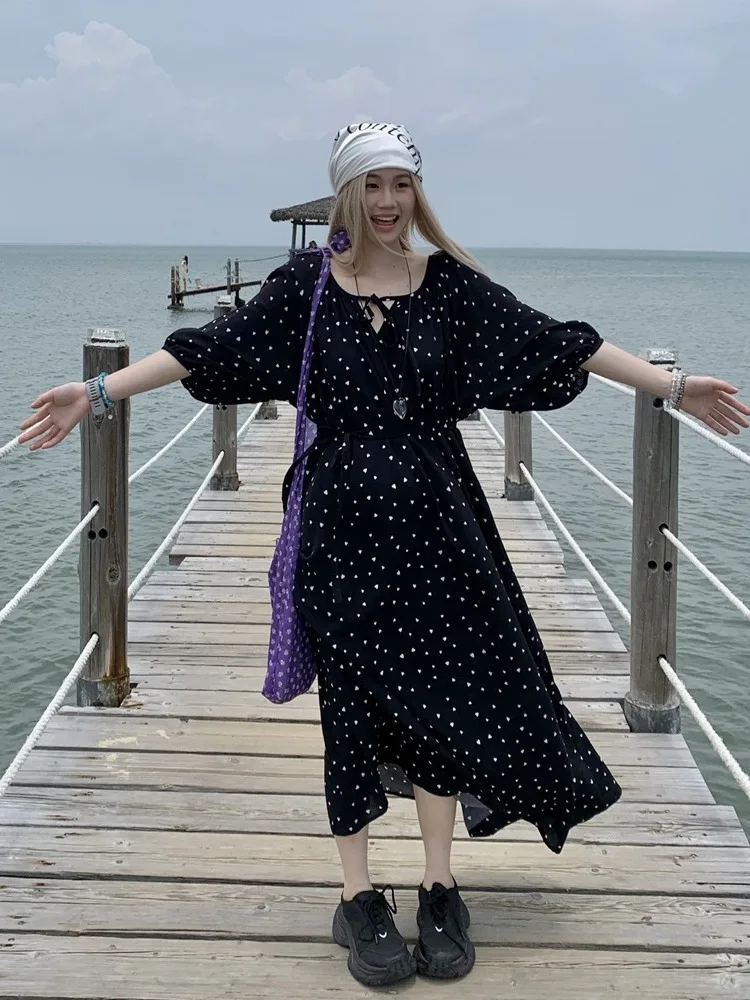 

plus Size Women's Bla Polka Dot round Ne Dr Loose Fitting Materni Dr French Sle A-Line Long Dr Summer Season