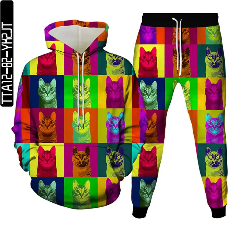 Funny Animal Cat 3D Printed Hoodie Suit Men Sweatshirts Sweatpants Fashion Casual Two Piece Tracksuit Set Men Jogging 2pcs Sets