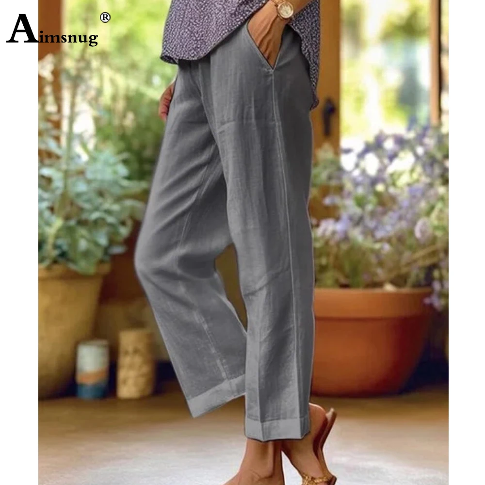 Plus Size 5xl Women High Waist Casual Linen Trousers Female Straight Pants Girls Streetwear 2023 Autumn Solid Basic Pants White