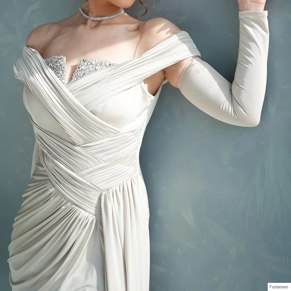 Vestidos de Noche acampanados personalizados, vestido de fiesta de manga larga hasta el suelo con hombros descubiertos, vestido de fiesta drapeado plisado de cristal a la moda