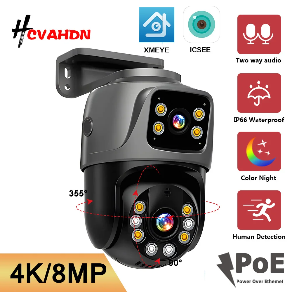 

4K 8MP PTZ IP Camera POE Dual Lens with Dual Screen Human Detection Color Night Vision Outdoor Surveillance Camera Onvif ICSEE