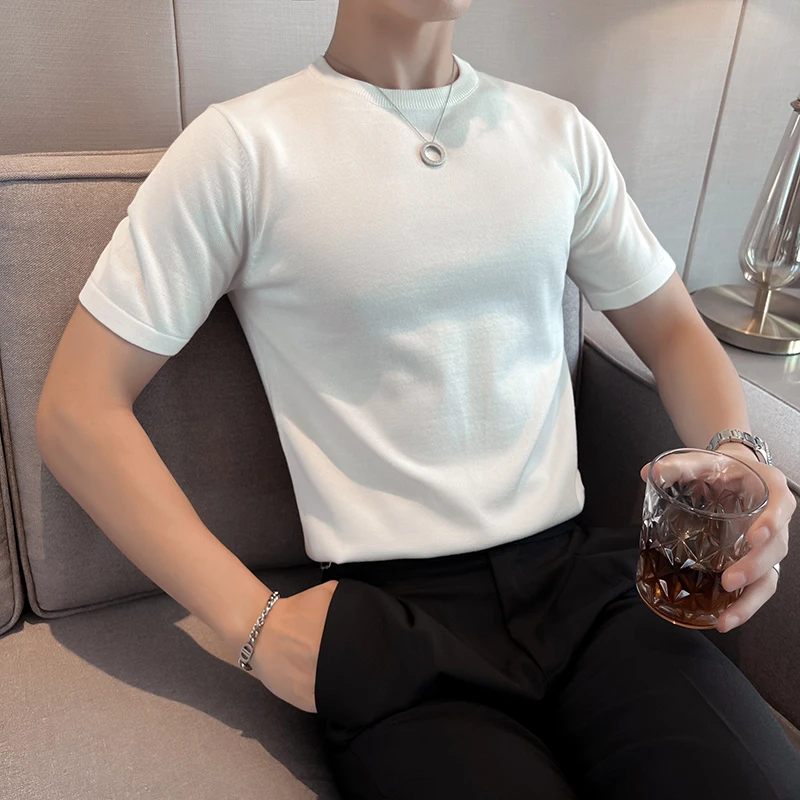 High Quality Men's Round Neck Knitted Pullover Autumn Short Sleeved Slim Fitting Black White Classic Casual Stretch Top T-shirt