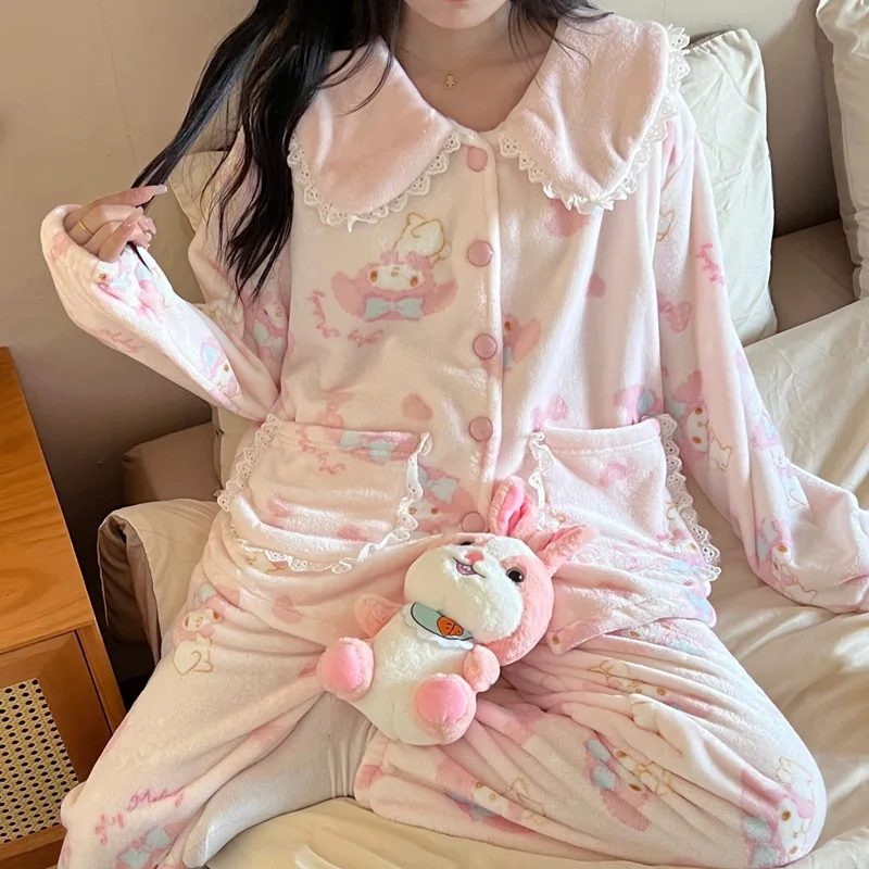 Kawaii Sanrio My Melody Can Go Out Pajamas Winter Warm Thickened Homewear Suit Cartoon Printing Long-sleeved Pants Two-piece Set