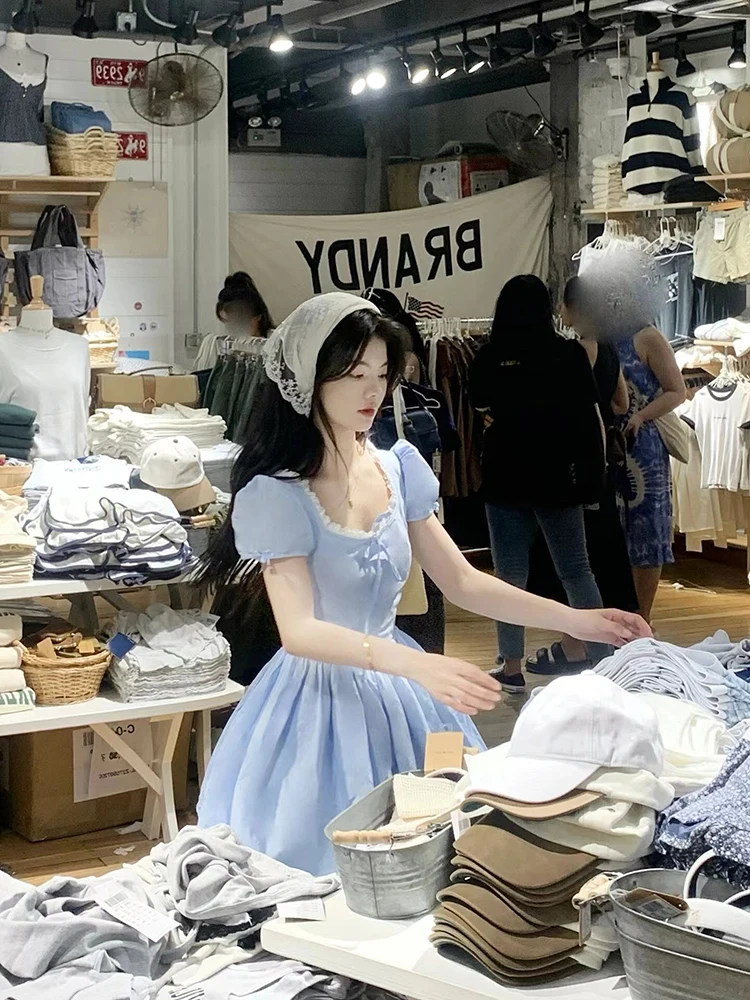 Blue Short Sleeve Fufu Dress Sweet Slimming A-Line  Dress for Young Girls Summer Commute Style Pleated High Waist Bubble ...