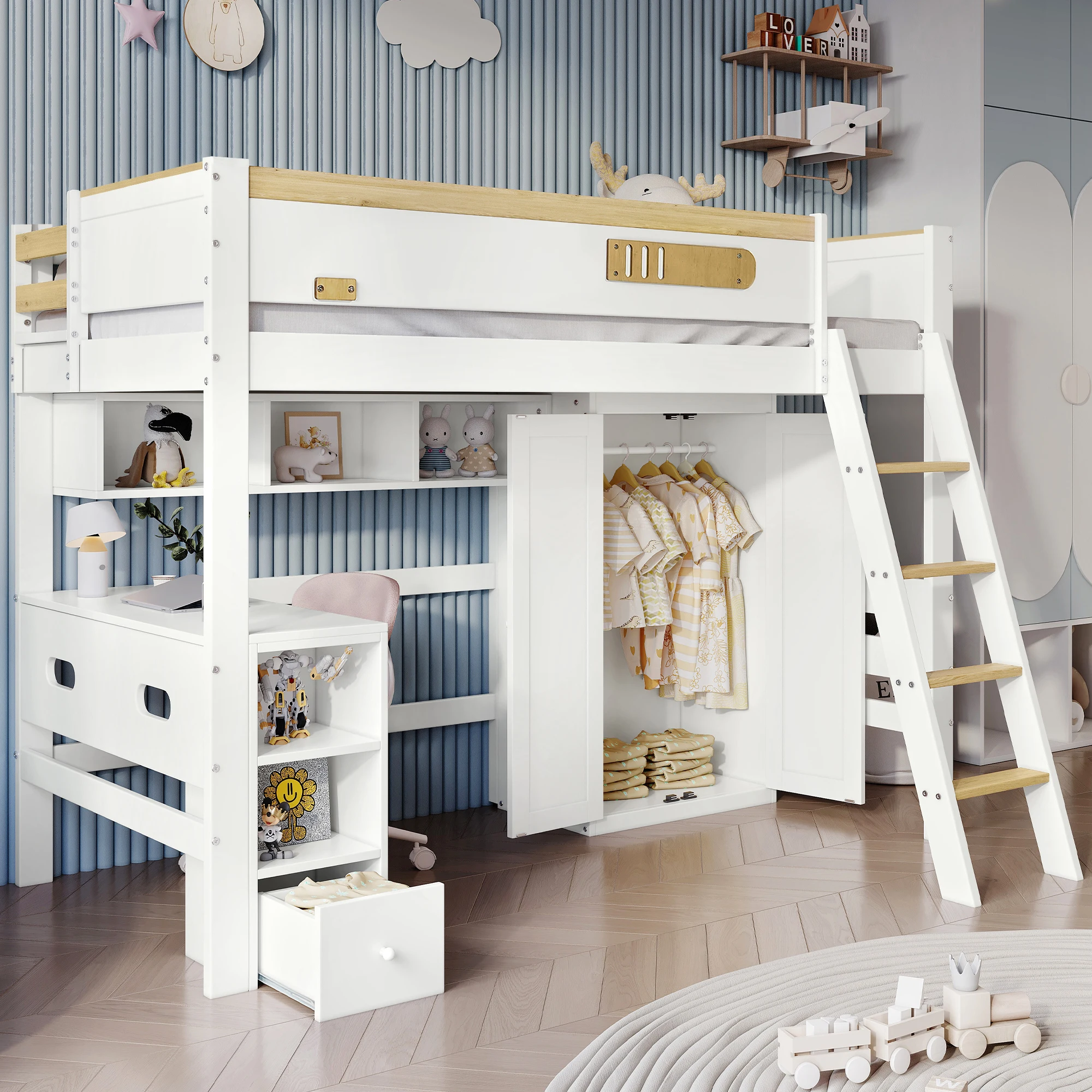PINGGO Etagenbett für Kinder mit Fallschirmschutzgeländer, Schreibtisch, Kleiderschrank, Stauraum, 4-Stufen-Leiter, Kiefer, MDF, Sperrholz, Weiß, 90x200cm, ohne Matratze – Detail 1
