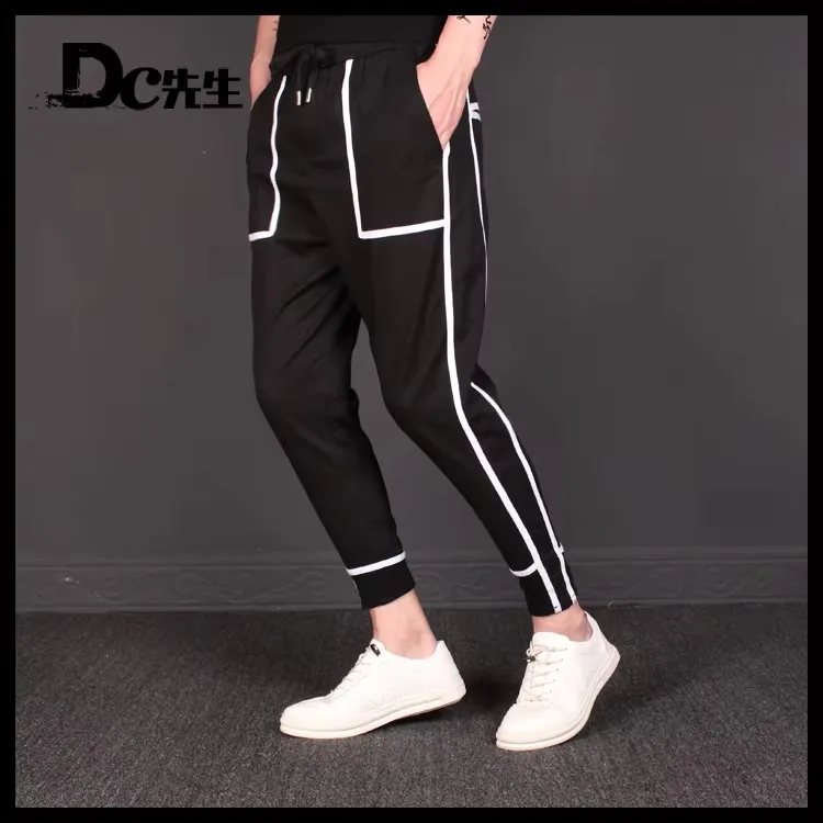 27-46 novo 2026 roupas masculinas femininas gd design original cabeleireiro listra branca decoração calças plus size trajes cantor