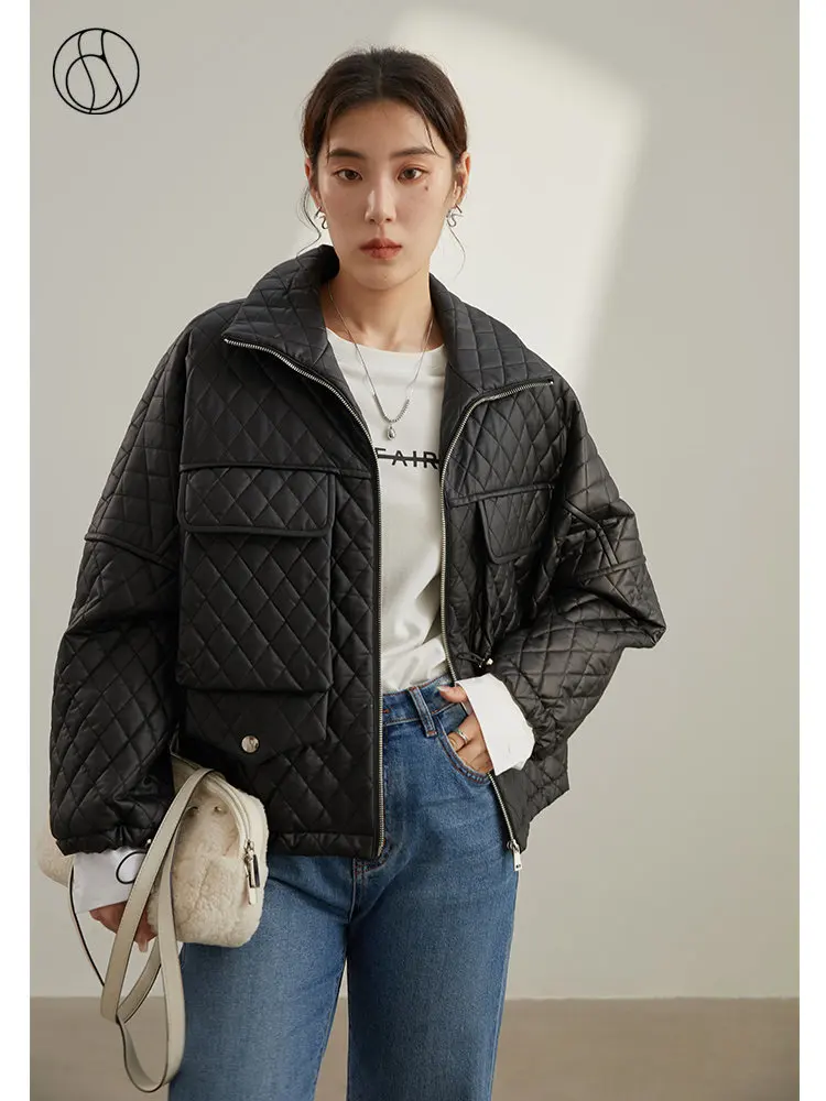 DUSHU Eco-friendly Leather Diamond-shaped Quilted Cotton Short Jacket Autumn Winter New Loose Straight Top Female Cotton Coats