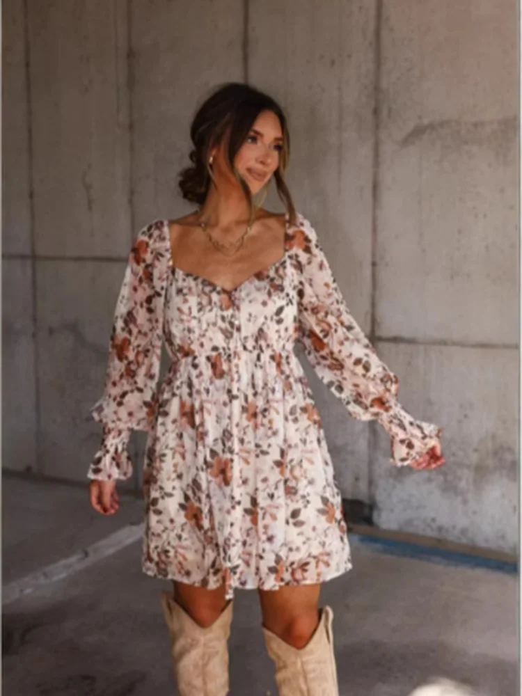 Women's Casual V-neck Petal Long Sleeved Floral Print Dress High Street Fashionable Elegant Commuting Style Spring Dress