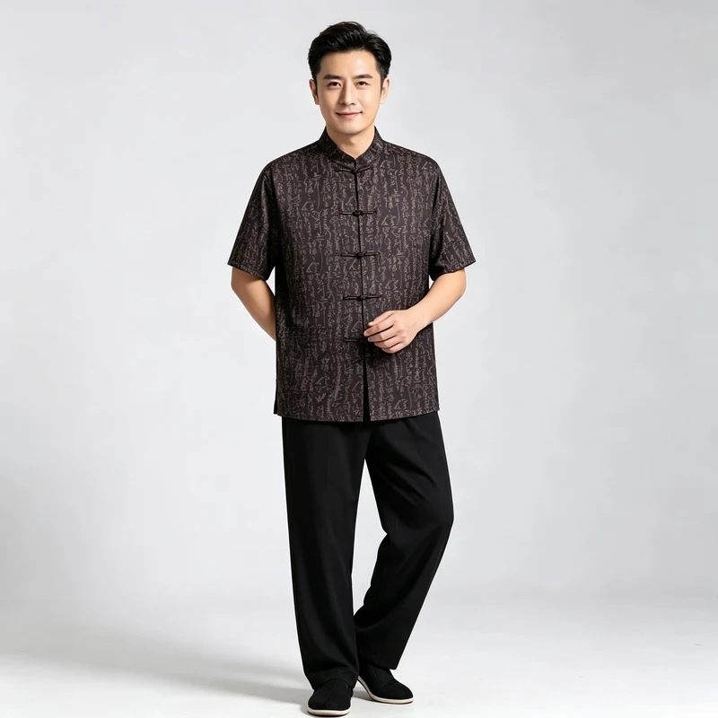 Men's Chinese Calligraphy Print Tang Suit Set Short Sleeve Shirt & Pants Vintage Mandarin Collar Frog Button Summer Lounge Wear
