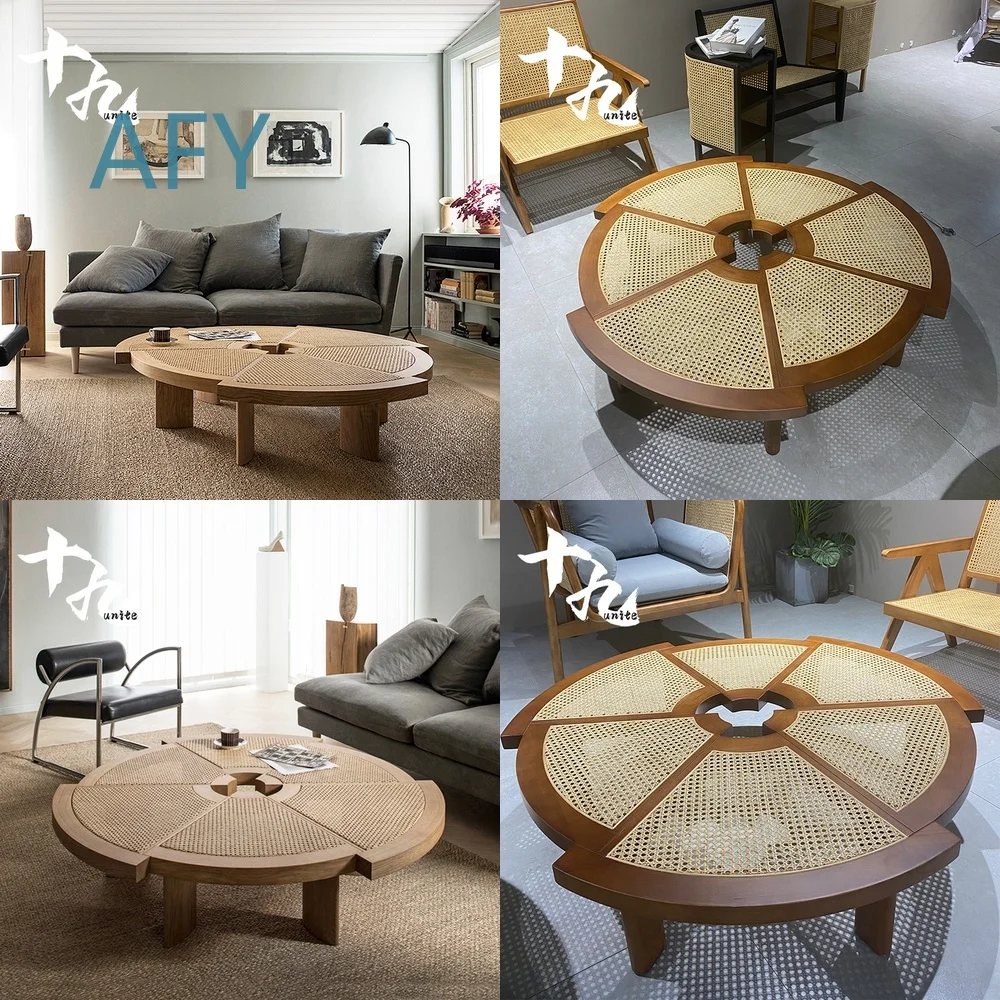 Nordic Wicker Coffee Table for Modern Minimalist Living Room Round Wooden Side Table for Scandinavian Home Decor Rustic