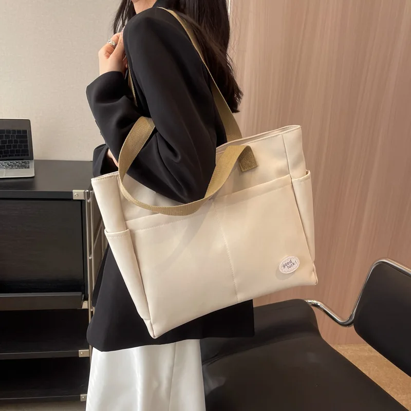Lightweight Canvas Shoulder Bags For Women Ladies Handbags Multi Pockets Pure Color Travelling Shopper Totes