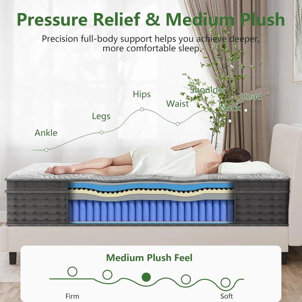 Mattress 14 Inch - Medium Plush Euro Top Hybrid Mattress