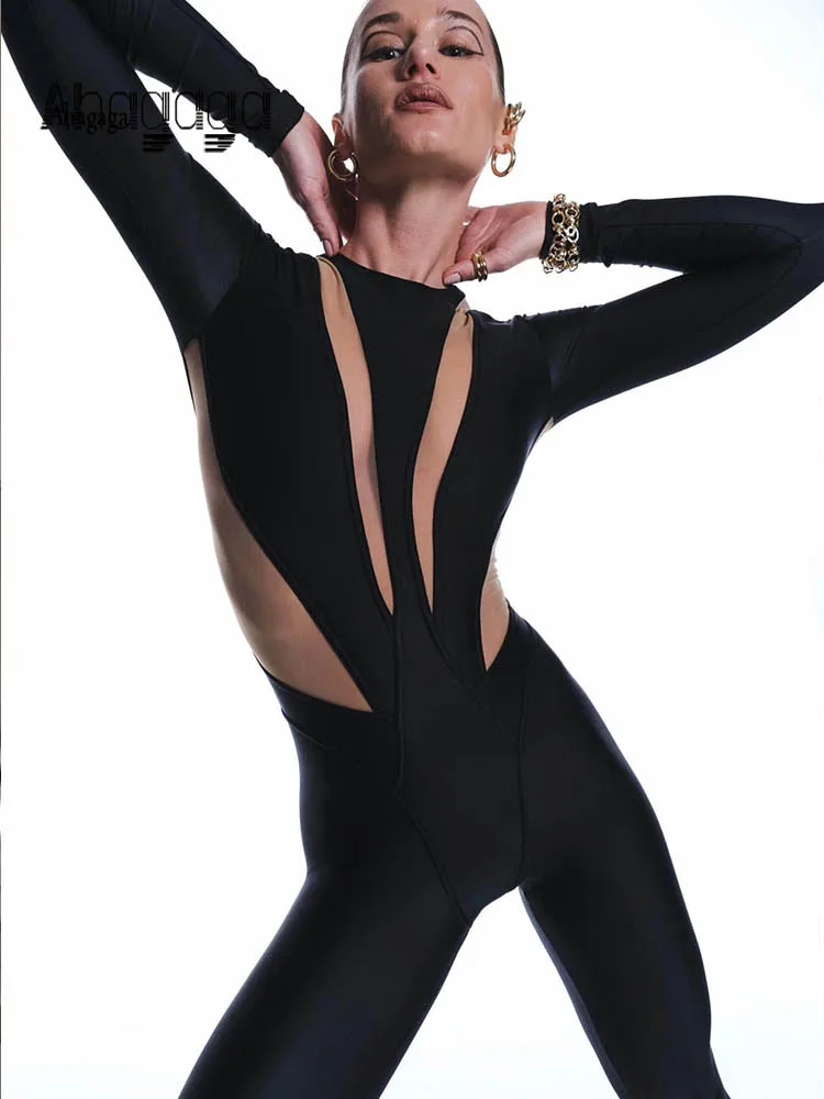 Ahagaga 2025 Moda Uliczna Seksowne Kombinezony Patchworkowe Damskie Streetwear Casual Okrągły Dekolt Długi Rękaw Wyszczuplający Bodycon Ogrodniczki Zamek Błyskawiczny