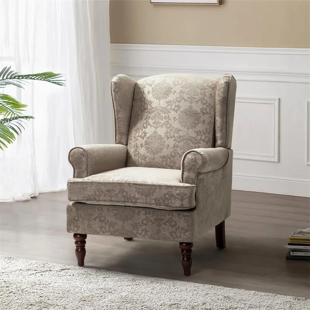 Wingback Accent Chair Retro Wood Legs, Traditional Fabric Armchair Living Room Bedroom, Comfy Upholstered Single Sofa Chair