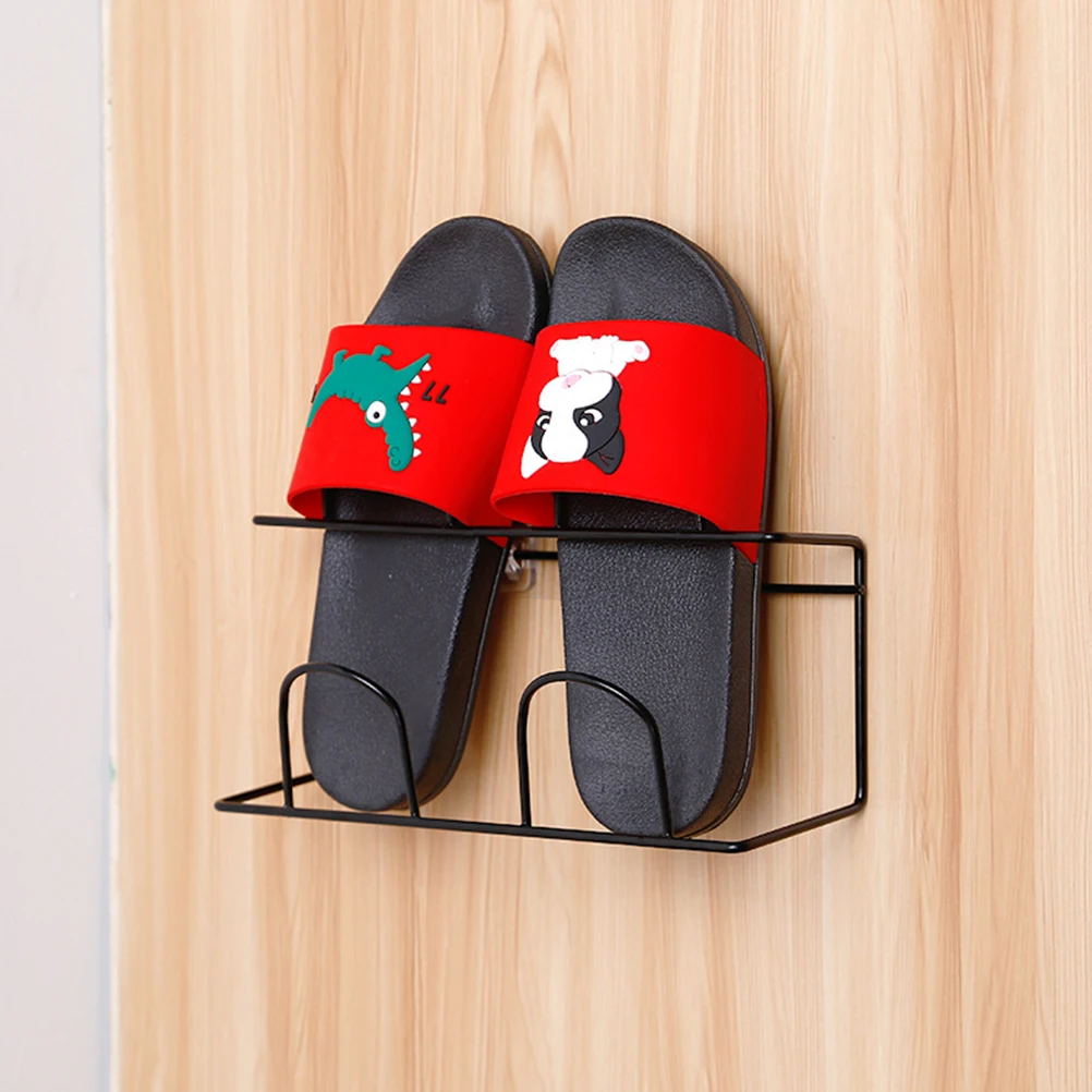 

Wall Mounted Shoe Rack Double Layers Heavy Duty Iron No Drilling Shoes Shelf Slipper Organizer Black Smooth Surface Bathroom