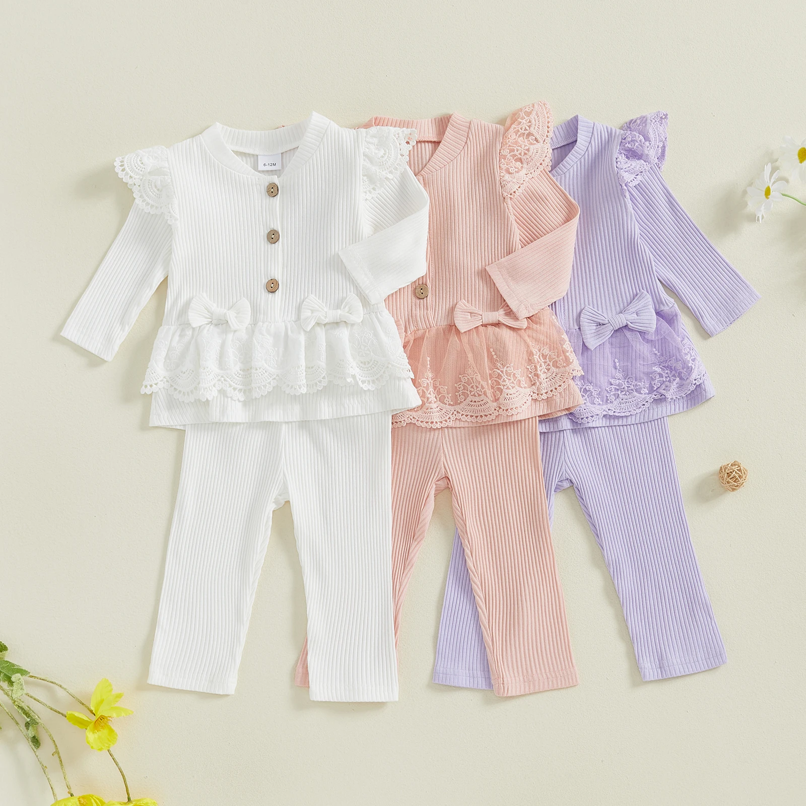 1-4Y Toddler Girls Fall Outfits Lace Ribbed Knitted Ruffle Long Sleeve Shirt Tops Elastic Pants Set Sweety Baby 2 Piece Clothes