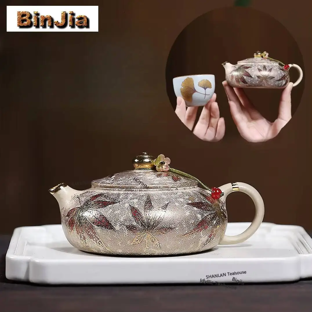 140ml Traditional Yixing Purple Clay Teapots Handmade Benshan Green Pot Raw Ore Gold Drawing Maple Leaf Mud Kettle Zisha Tea Set