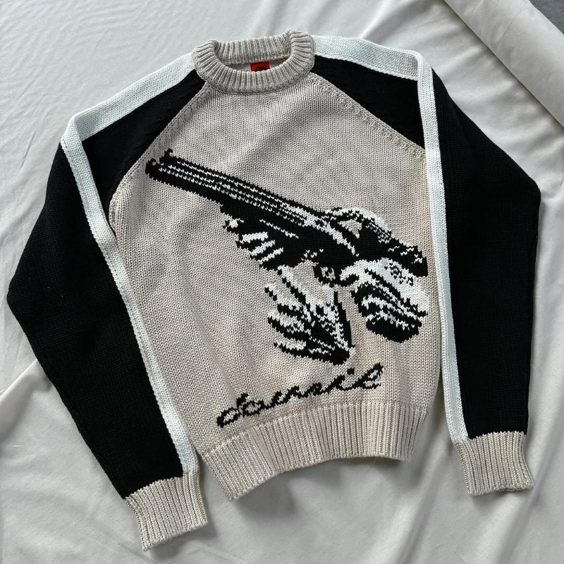 

Y2K Round Neck Spliced Knitted Sweater New Winter Warm Tops Retro Style Harajuku Unisex Loose Sweater Daily Lazy Casual Pullover