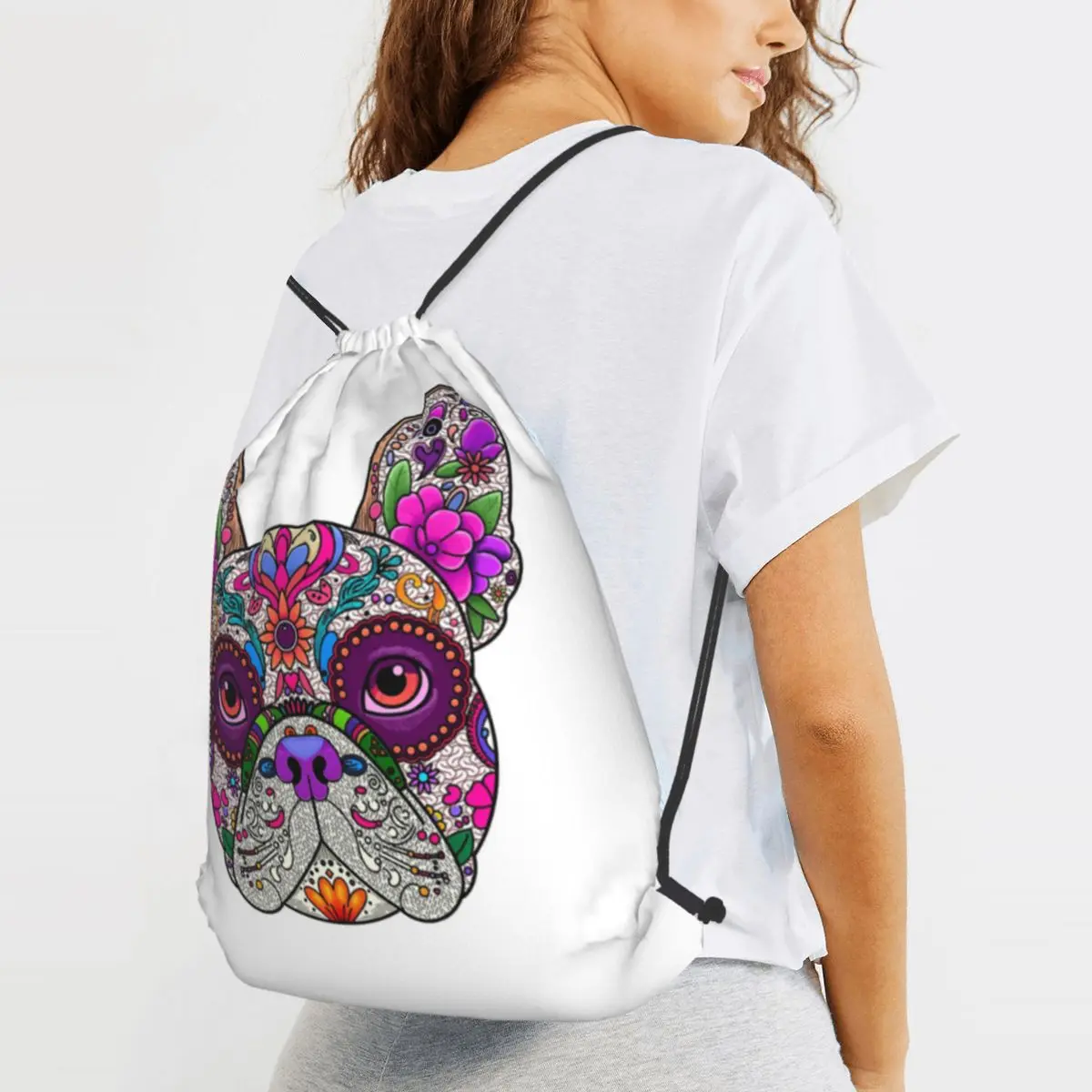 Mexican Day Of The Dead Dog Frenchie Backpacks Portable Drawstring Bundle Pocket Sundries Bag Book Bags for Travel Students