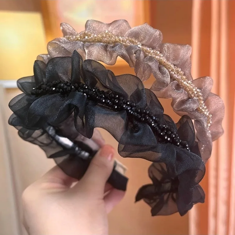 Spring/summer New Arrival: Elegant Mesh Crystal Ruched Headband - Fresh & Sweet