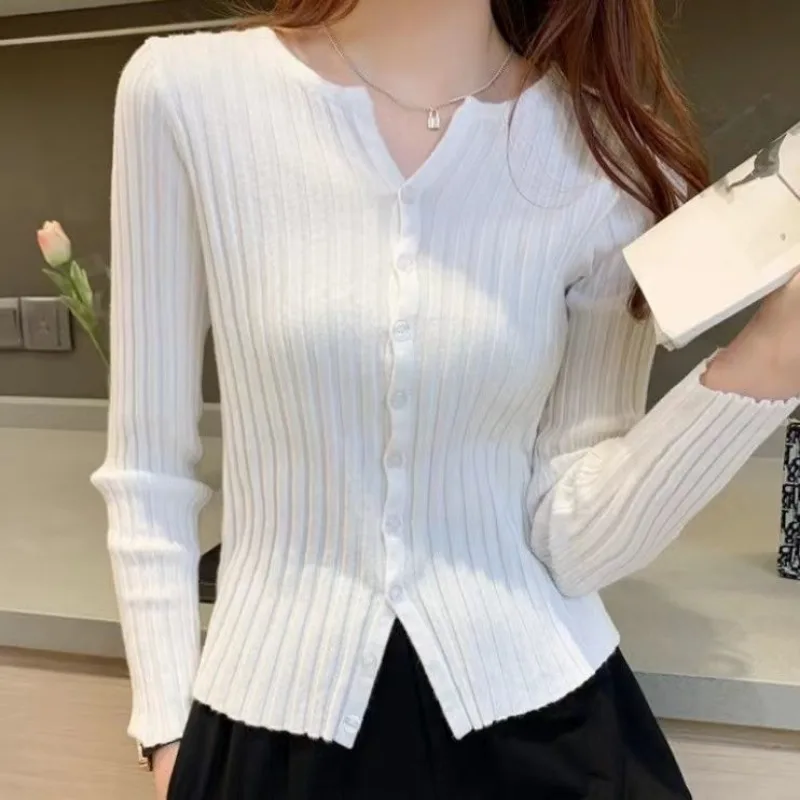 Women Knitted Cardigan Long Sleeve Slim Sweater Cropped Jacket Crop Tops Single Breasted Short Coat Korean Chic Solid Cardigan