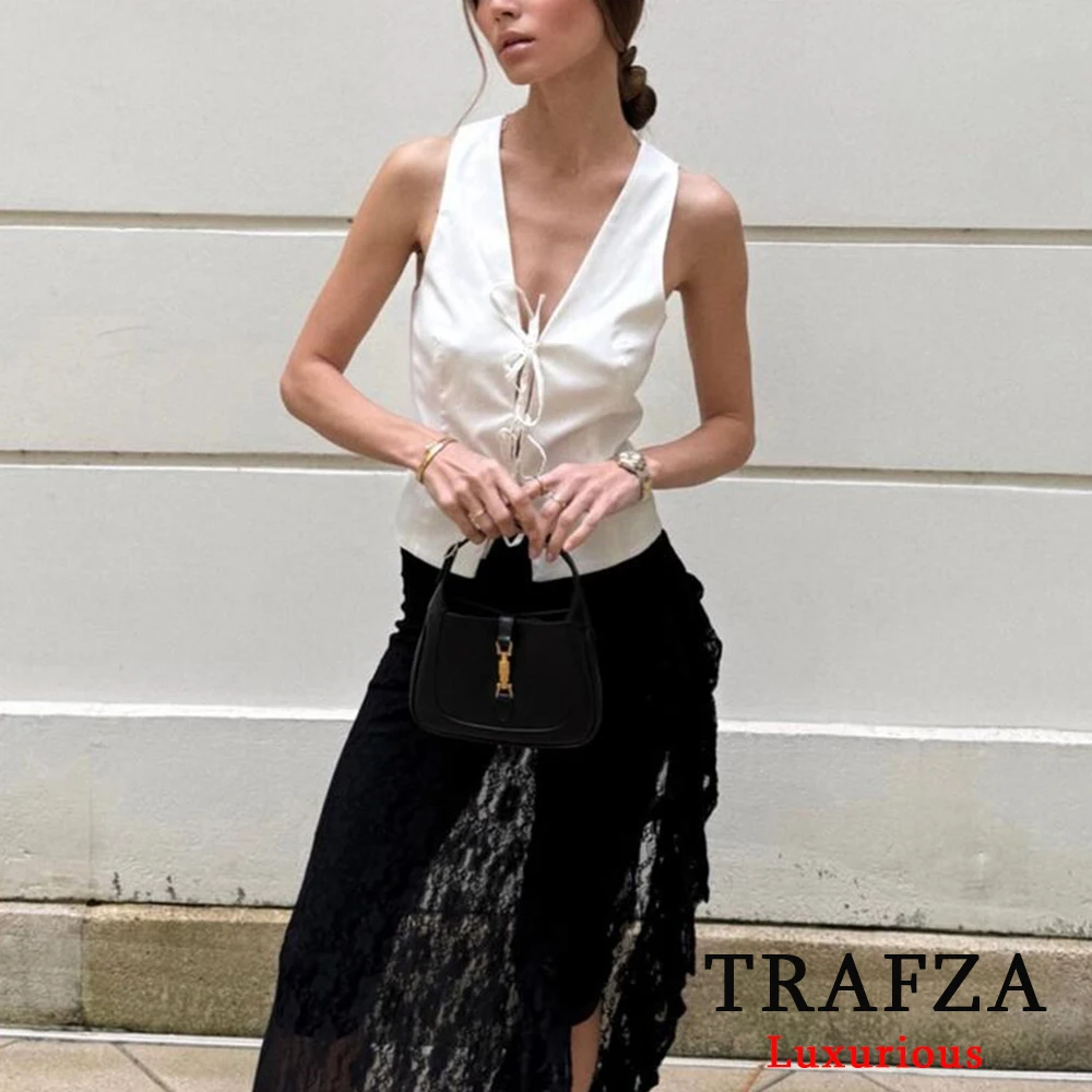 TRAFZA Casual Beige V Neck Sleeveless Vest Women Bow Tie Straight Tops Women Fashion 2024 Summer Streetwear Sexy Tank Tops