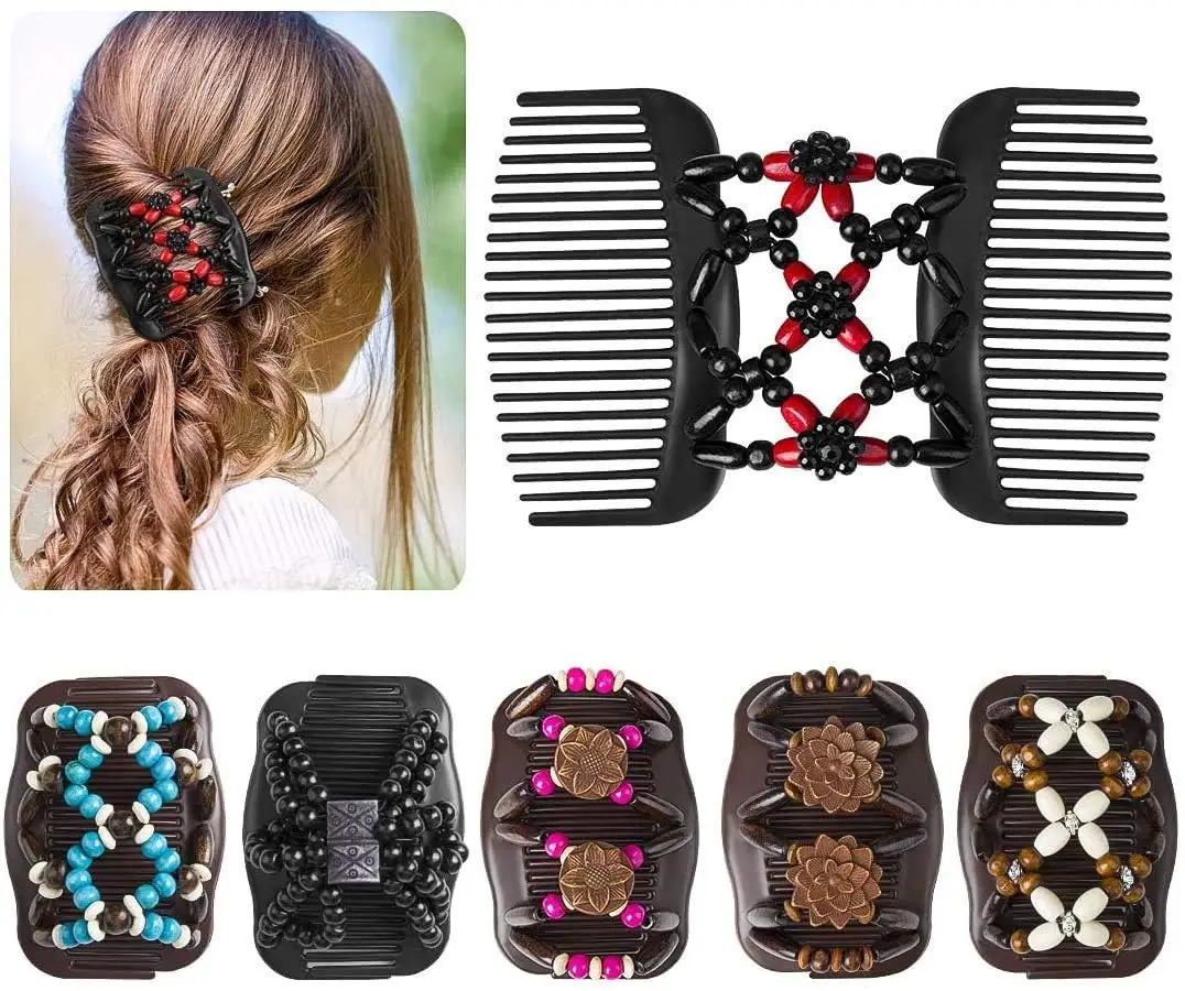 6Pcs Women Hair Combs Accessories Magic Stretch Wooden Beads Double Side Combs Butterfly Wood Beaded Hair Combs Magic Elastic