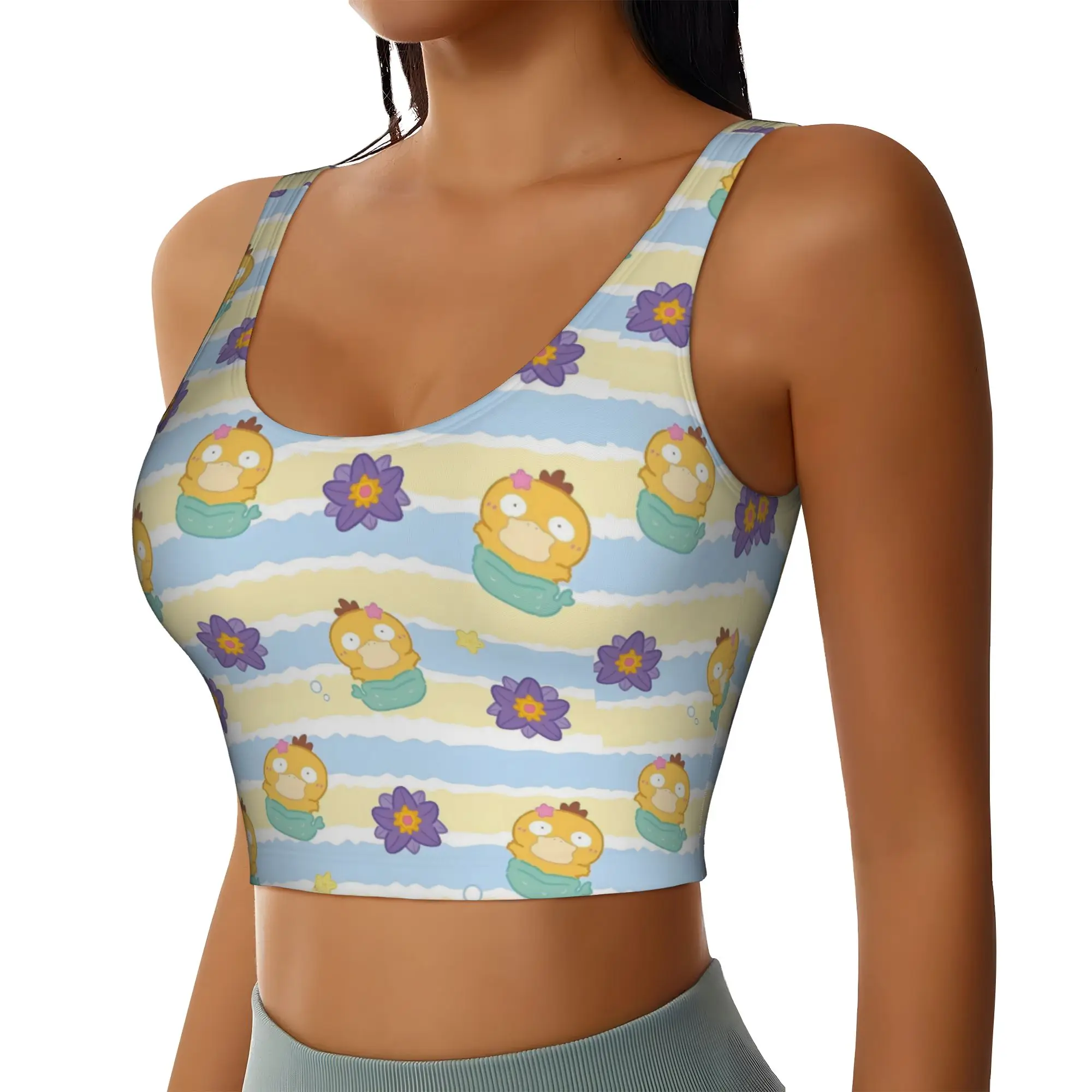 Custom Women P-Psyducks Sports Bra Duck Animated High Impact Gym Workout Running Crop Tank Tops