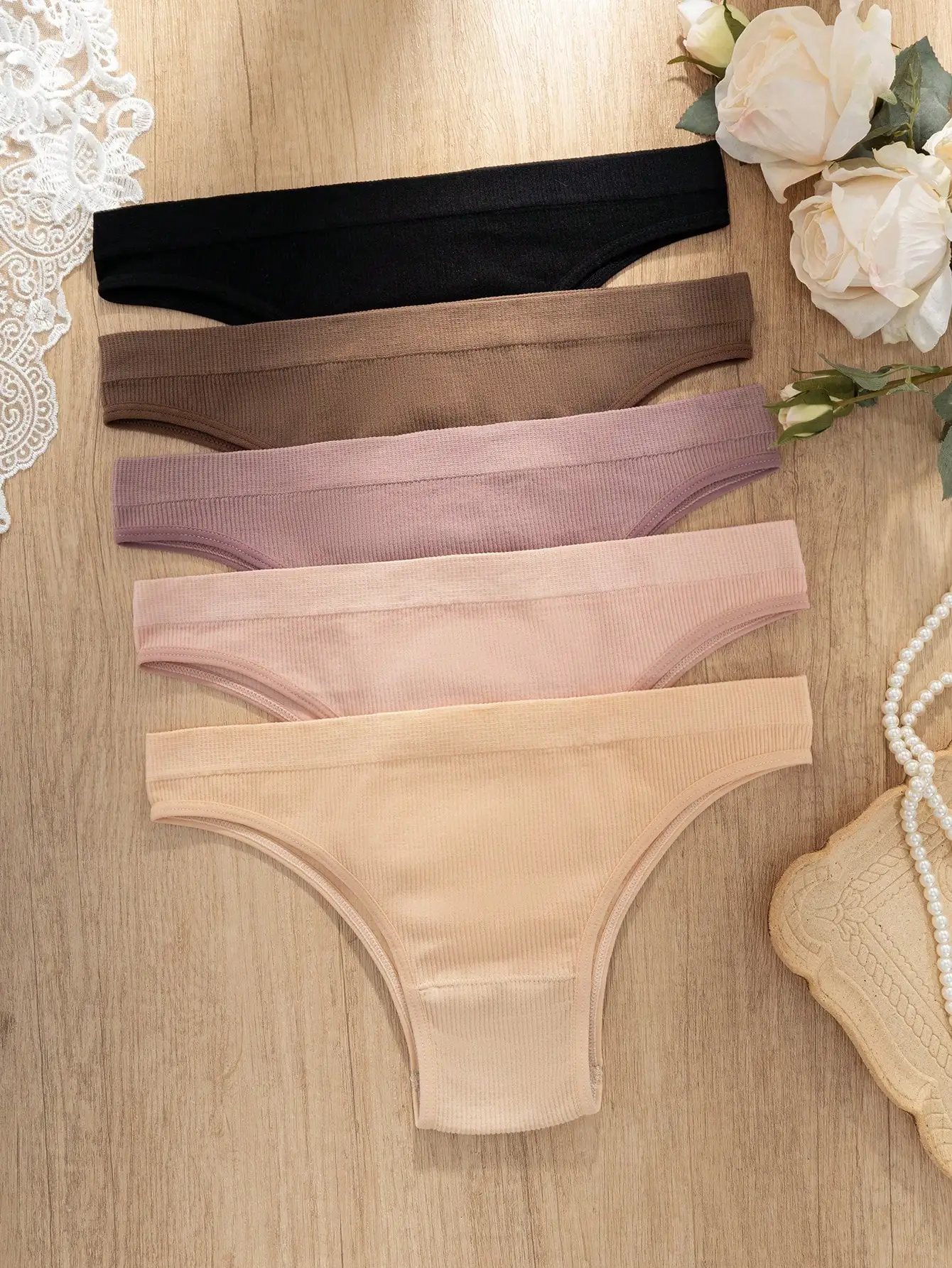 5Pcs Women Ribbed Low Rise Thongs Seamless Invisible Cotton G-string Underwear Soft Stretch Daily Yoga Briefs Multi Color Linger
