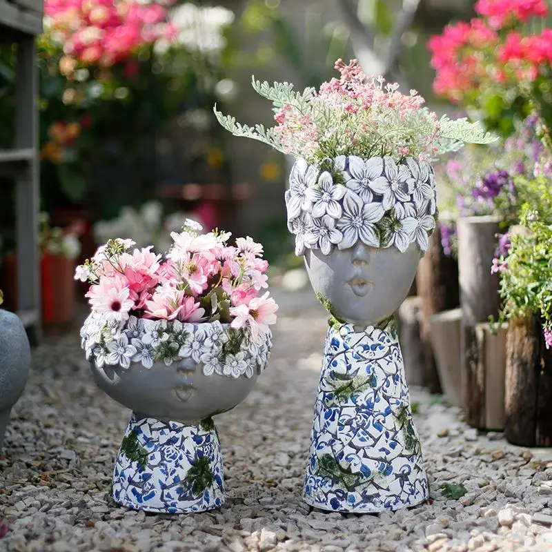Vintage Blue-and-White Succulent Planter for Balcony, Ceramic-Like Plant Pot for Patio, Artisan Figurine Container for Courtyard