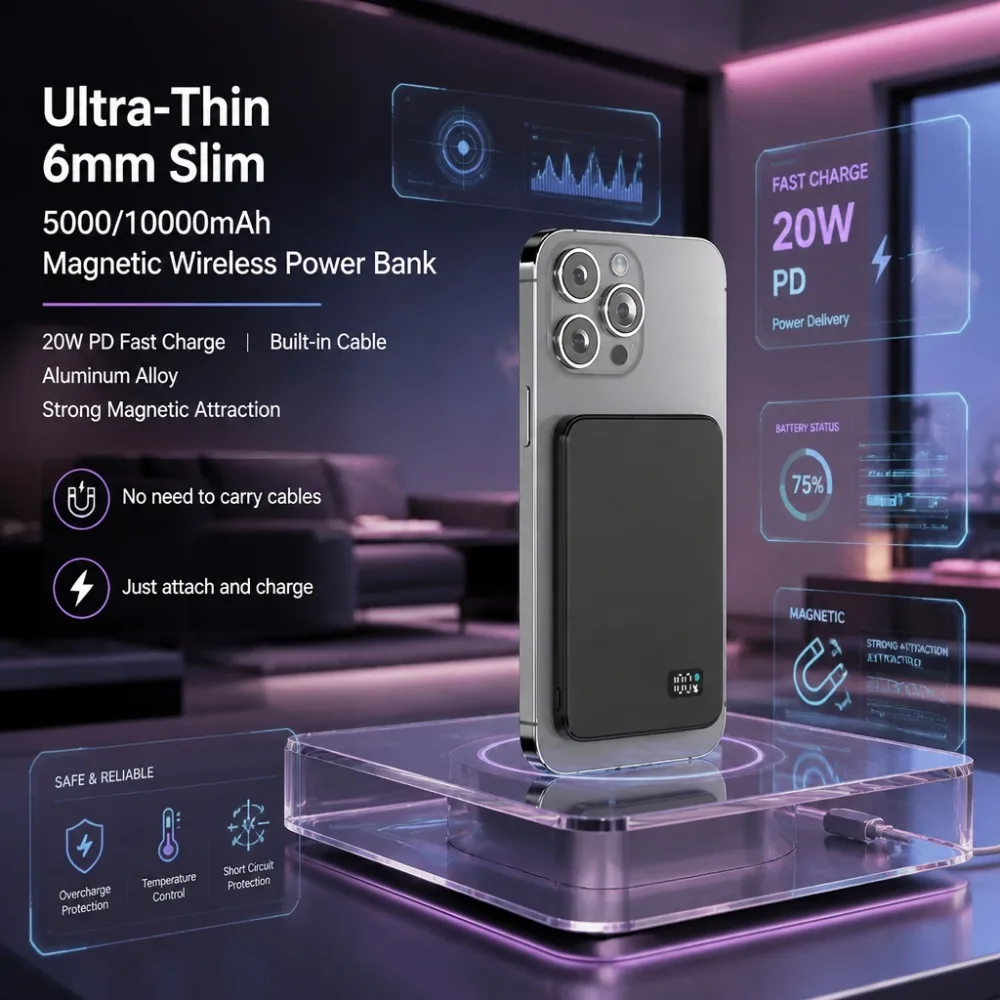 Ultra-Thin Magnetic Wireless Power Bank 5000/10000mAh, 20W PD Fast Charging, Aluminum Alloy Portable Charger for Samsung Pixel