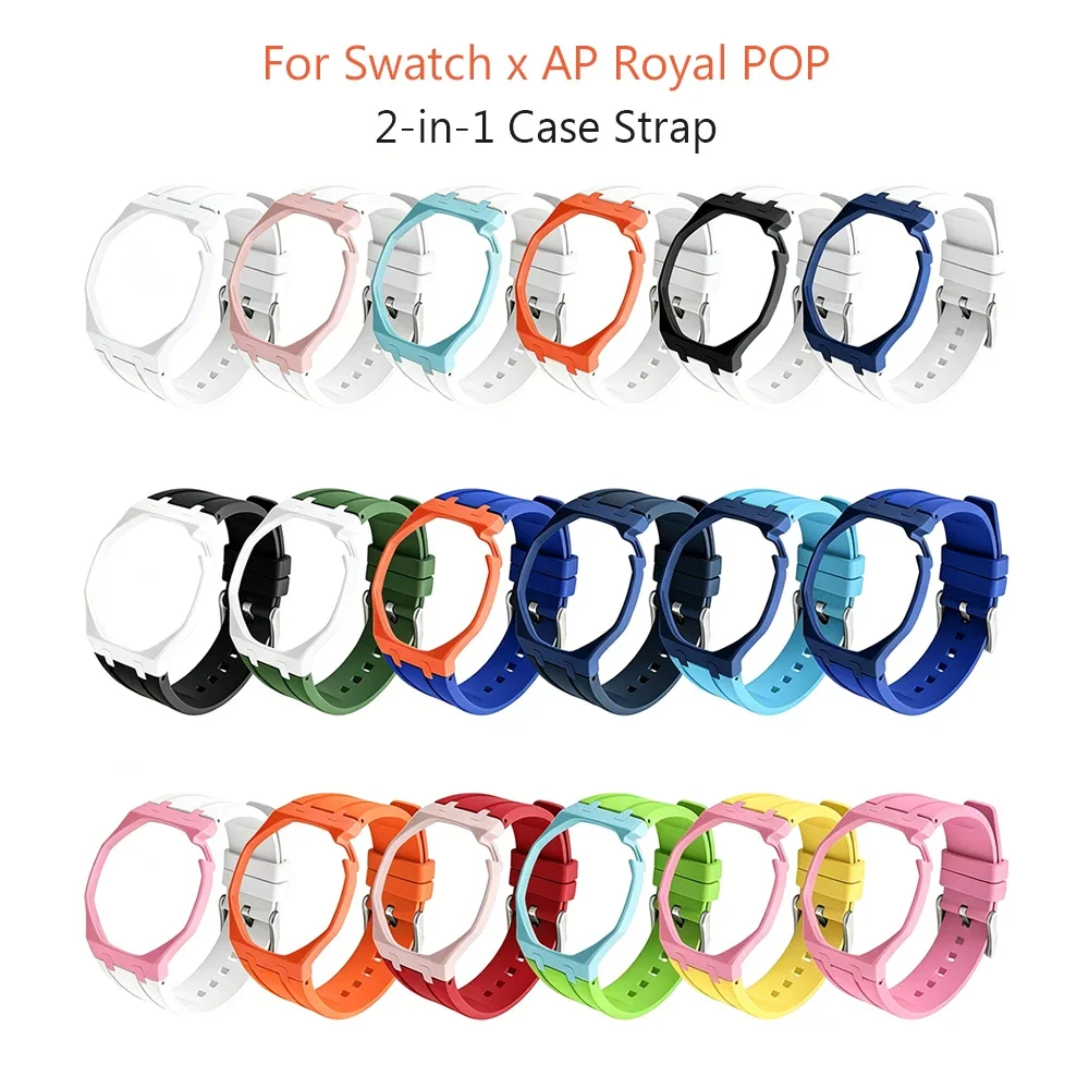 Premium FKM Rubber 2-in-1 Strap Bioceramic Case For AP x Swatch Royal POP Sport Protective Watch Band