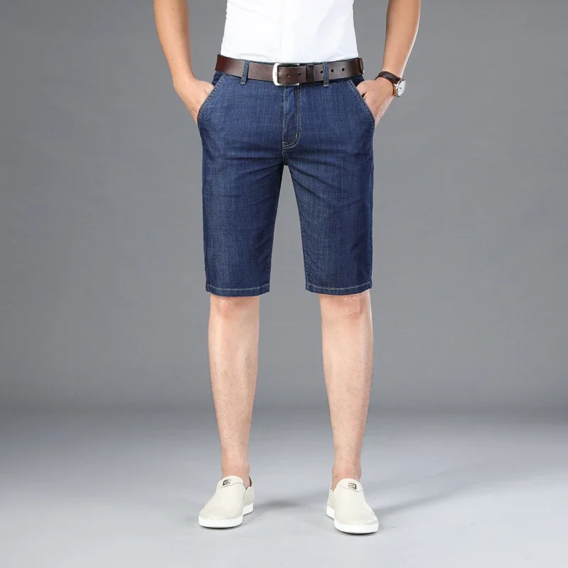 Pop Brand Men Business Denim Shorts Summer Thin Lyocell Straight Casual Short Jeans Slim Work Male Clothes Short Pants
