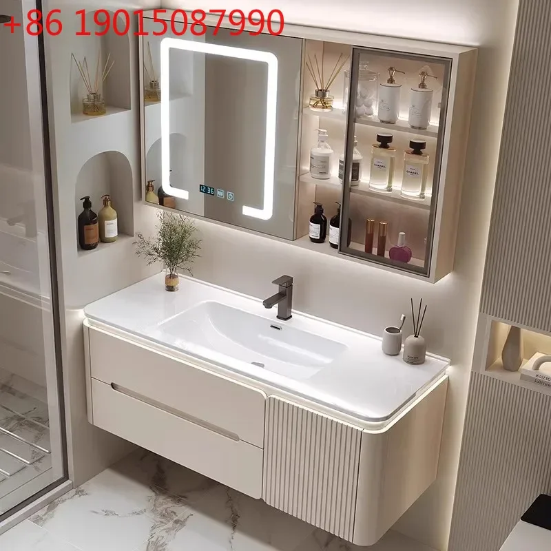Cream Wind Ceramic Bathroom Cabinetsintegrated Combination Modern Bathroom Cabinets Simple Mirror Badkamerkast Furniture