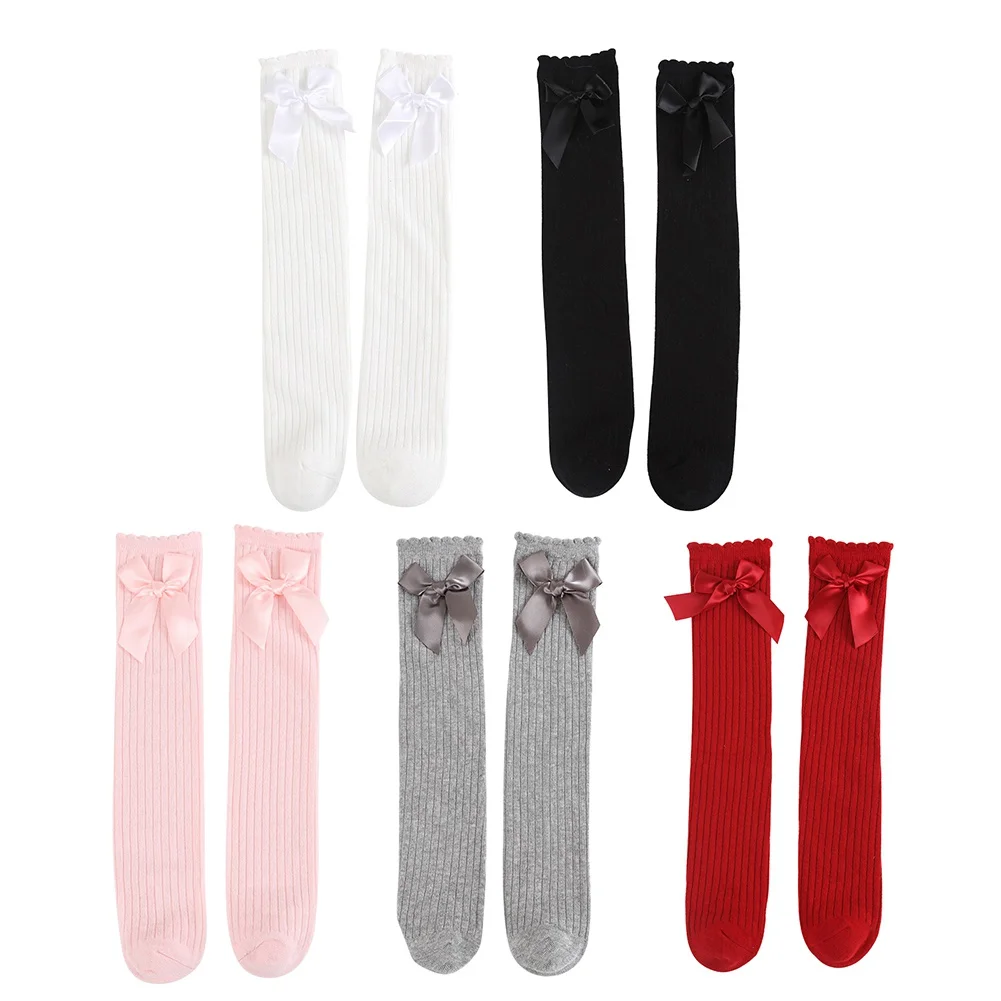 1Pair Girls\' Long Socks Big Bow Ribbon Children Solid Color Cotton Mid-Length Socken Baby Tight Stretch Semi-High Socking