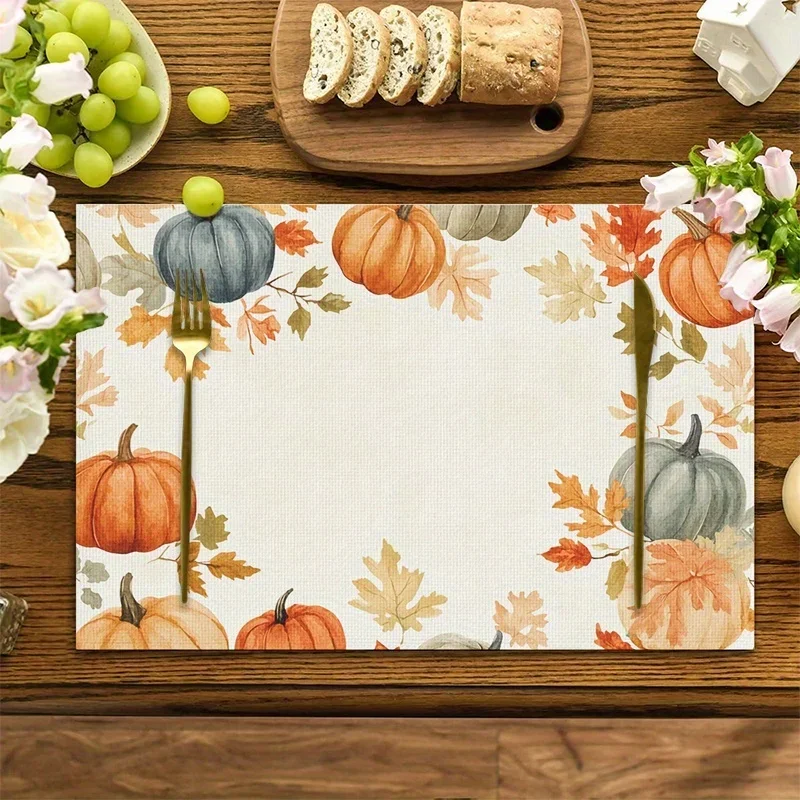 Fall Pumpkin Maple Leaf Placemats, Watercolor Style Printed Linen Table Mats, Harvest Season Table Decor